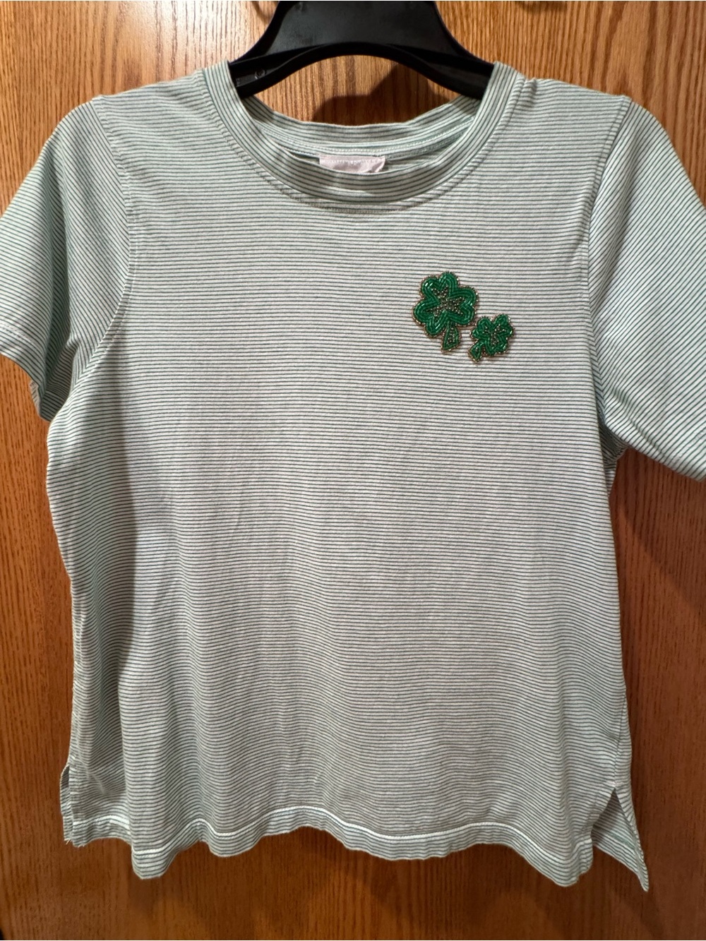 Cynthia Rowley Woman’s Light Mint Green Striped Tee with Clover Patch - Size S